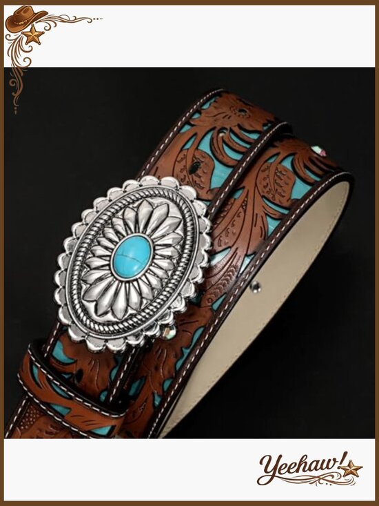 Vintage Western Leather Belt with Turquoise Concho Buckle for Cowgirls main image 3